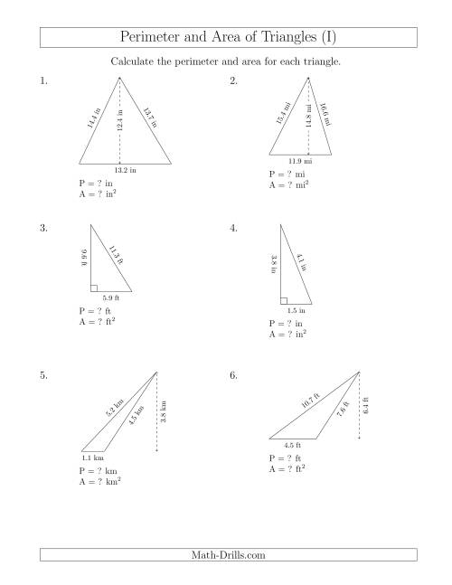 The Calculating the Perimeter and Area of Triangles (I) Math Worksheet