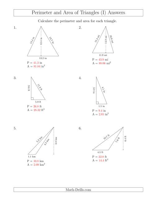 The Calculating the Perimeter and Area of Triangles (I) Math Worksheet Page 2