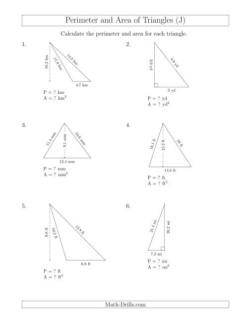 The Calculating the Perimeter and Area of Triangles (J) Math Worksheet