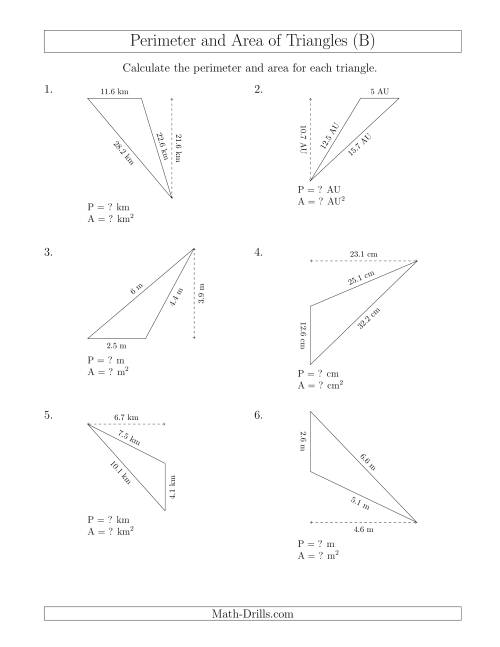 The Calculating the Perimeter and Area of Obtuse Triangles (Rotated Triangles) (B) Math Worksheet