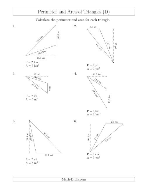 The Calculating the Perimeter and Area of Obtuse Triangles (Rotated Triangles) (D) Math Worksheet