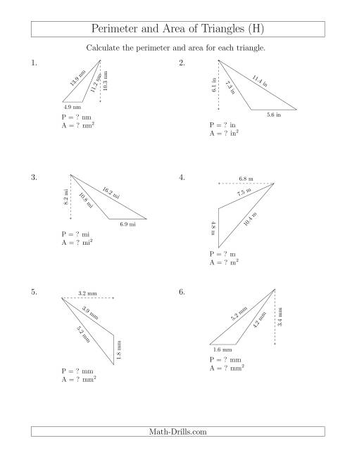 The Calculating the Perimeter and Area of Obtuse Triangles (Rotated Triangles) (H) Math Worksheet