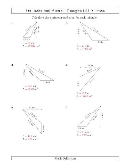 The Calculating the Perimeter and Area of Obtuse Triangles (Rotated Triangles) (H) Math Worksheet Page 2