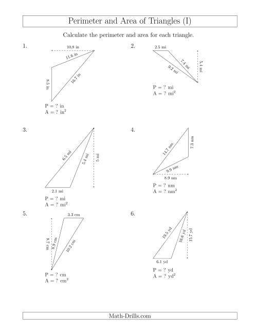 The Calculating the Perimeter and Area of Obtuse Triangles (Rotated Triangles) (I) Math Worksheet