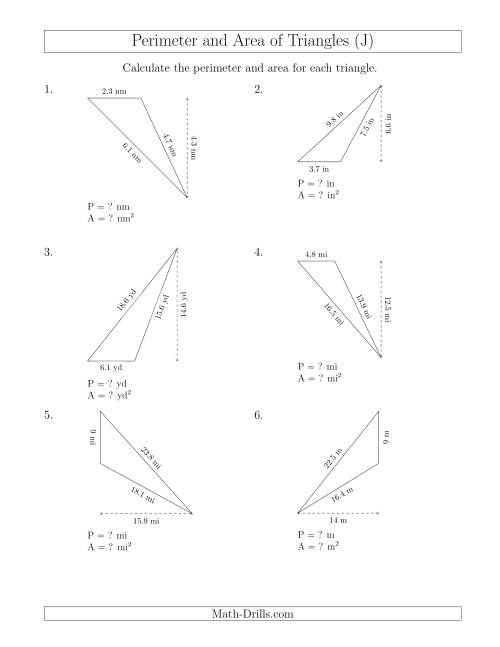 The Calculating the Perimeter and Area of Obtuse Triangles (Rotated Triangles) (J) Math Worksheet
