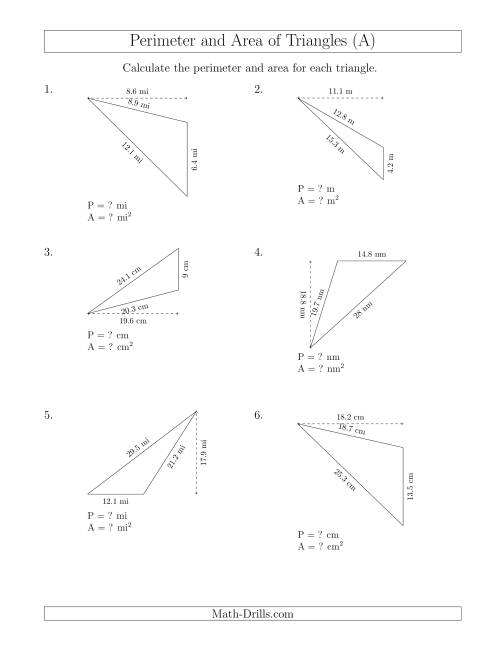 The Calculating the Perimeter and Area of Obtuse Triangles (Rotated Triangles) (All) Math Worksheet