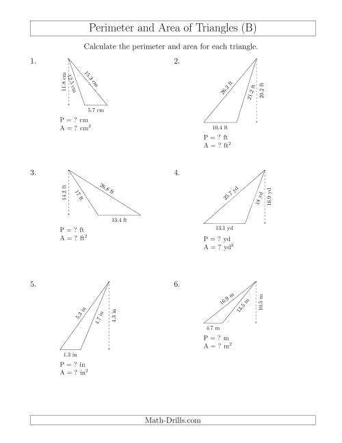The Calculating the Perimeter and Area of Obtuse Triangles (B) Math Worksheet