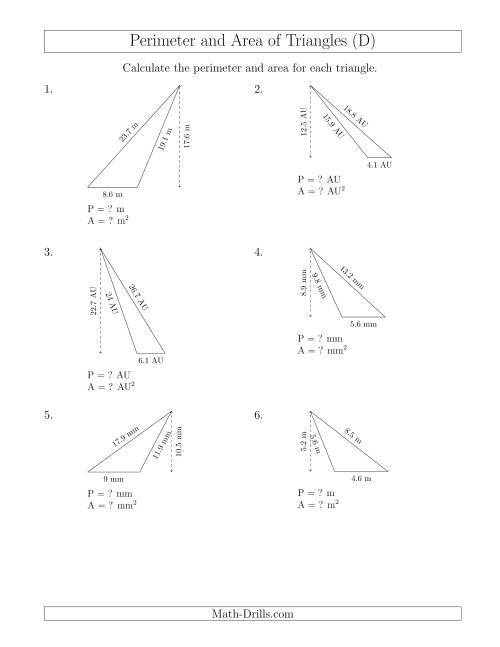 The Calculating the Perimeter and Area of Obtuse Triangles (D) Math Worksheet