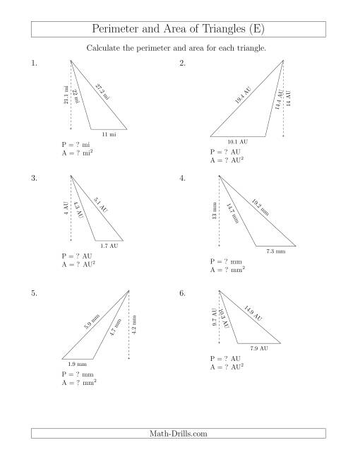 The Calculating the Perimeter and Area of Obtuse Triangles (E) Math Worksheet