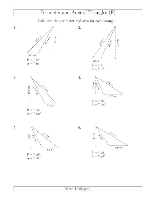 The Calculating the Perimeter and Area of Obtuse Triangles (F) Math Worksheet