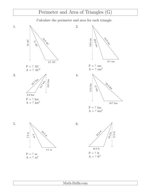 The Calculating the Perimeter and Area of Obtuse Triangles (G) Math Worksheet