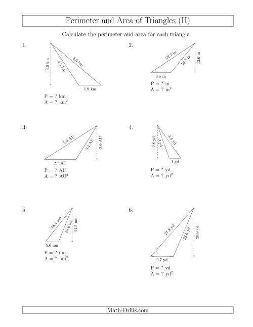 The Calculating the Perimeter and Area of Obtuse Triangles (H) Math Worksheet