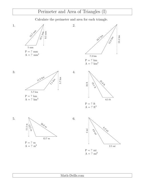 The Calculating the Perimeter and Area of Obtuse Triangles (I) Math Worksheet