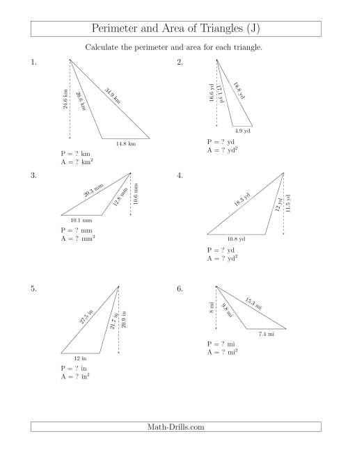 The Calculating the Perimeter and Area of Obtuse Triangles (J) Math Worksheet