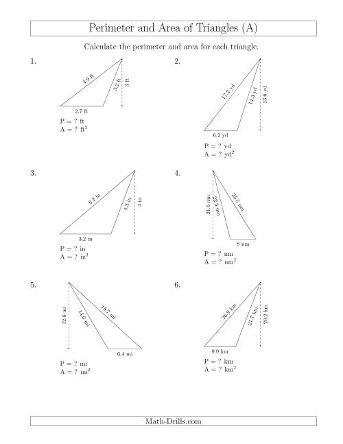 The Calculating the Perimeter and Area of Obtuse Triangles (All) Math Worksheet