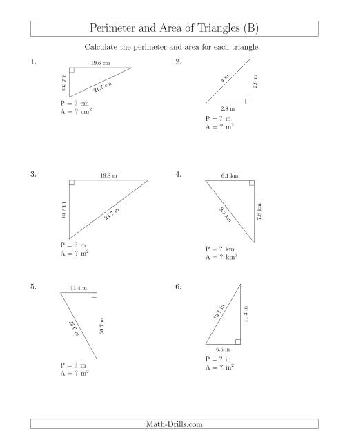 The Calculating the Perimeter and Area of Right Triangles (Rotated Triangles) (B) Math Worksheet