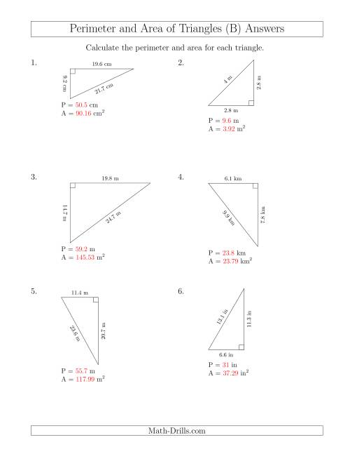 The Calculating the Perimeter and Area of Right Triangles (Rotated Triangles) (B) Math Worksheet Page 2