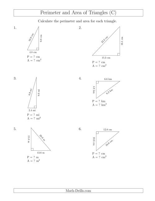 The Calculating the Perimeter and Area of Right Triangles (Rotated Triangles) (C) Math Worksheet