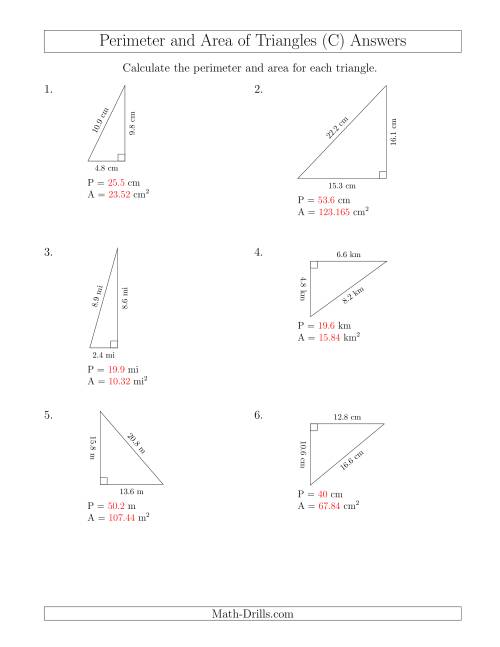 The Calculating the Perimeter and Area of Right Triangles (Rotated Triangles) (C) Math Worksheet Page 2