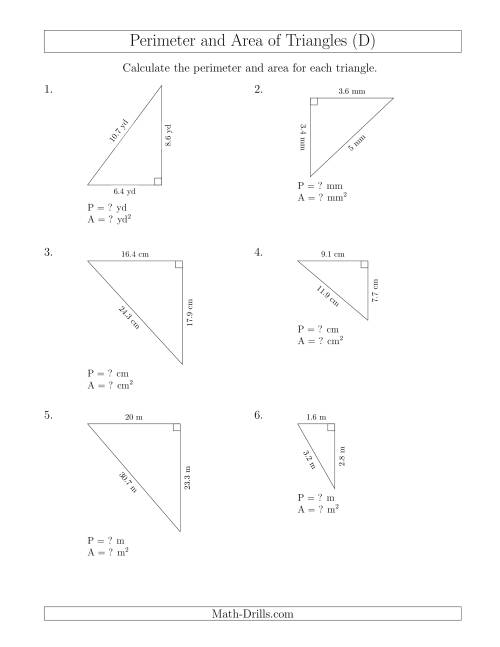 The Calculating the Perimeter and Area of Right Triangles (Rotated Triangles) (D) Math Worksheet