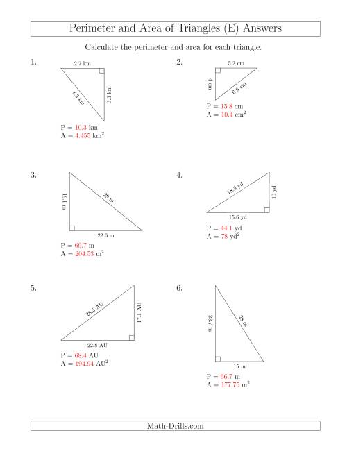 The Calculating the Perimeter and Area of Right Triangles (Rotated Triangles) (E) Math Worksheet Page 2
