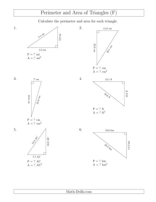 The Calculating the Perimeter and Area of Right Triangles (Rotated Triangles) (F) Math Worksheet