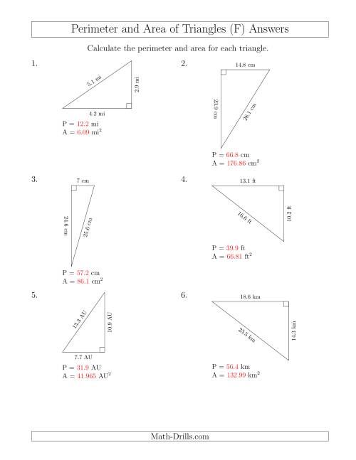 The Calculating the Perimeter and Area of Right Triangles (Rotated Triangles) (F) Math Worksheet Page 2