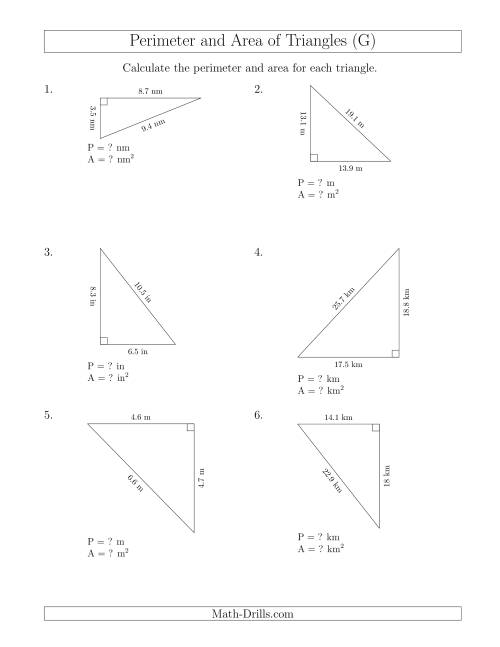 The Calculating the Perimeter and Area of Right Triangles (Rotated Triangles) (G) Math Worksheet