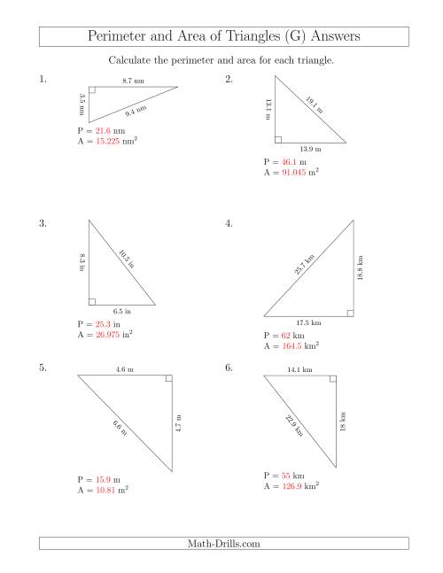 The Calculating the Perimeter and Area of Right Triangles (Rotated Triangles) (G) Math Worksheet Page 2