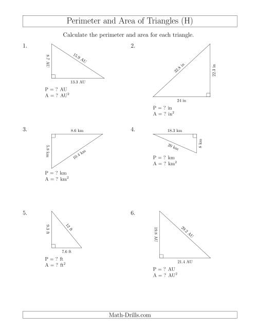 The Calculating the Perimeter and Area of Right Triangles (Rotated Triangles) (H) Math Worksheet