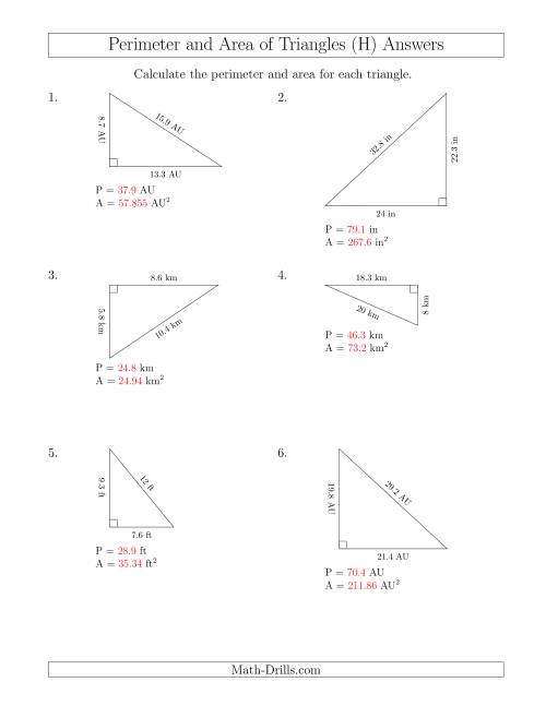 The Calculating the Perimeter and Area of Right Triangles (Rotated Triangles) (H) Math Worksheet Page 2