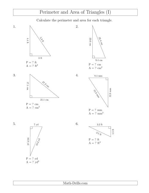 The Calculating the Perimeter and Area of Right Triangles (Rotated Triangles) (I) Math Worksheet