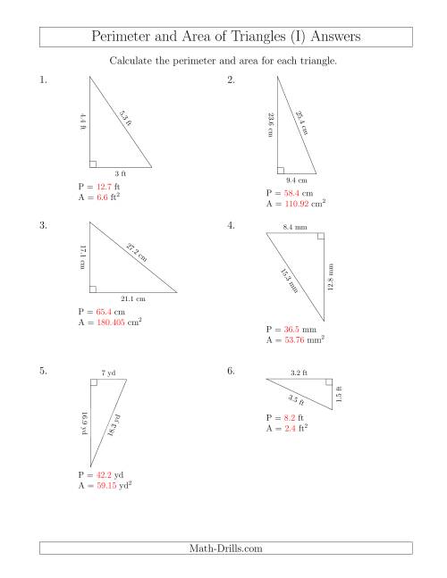 The Calculating the Perimeter and Area of Right Triangles (Rotated Triangles) (I) Math Worksheet Page 2