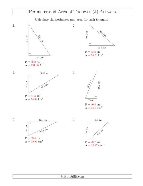 The Calculating the Perimeter and Area of Right Triangles (Rotated Triangles) (J) Math Worksheet Page 2