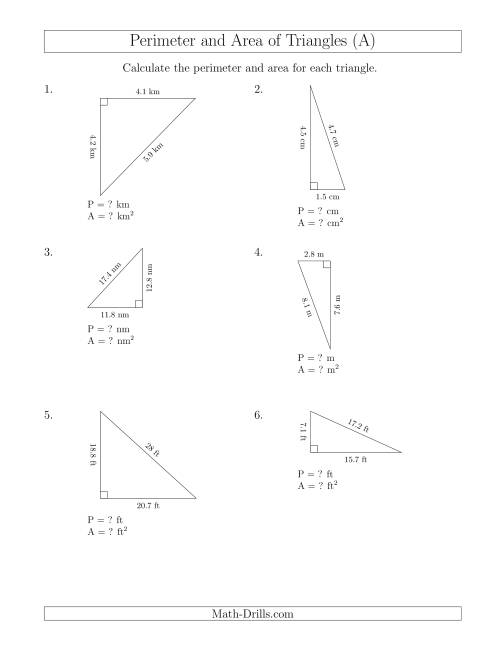 The Calculating the Perimeter and Area of Right Triangles (Rotated Triangles) (All) Math Worksheet