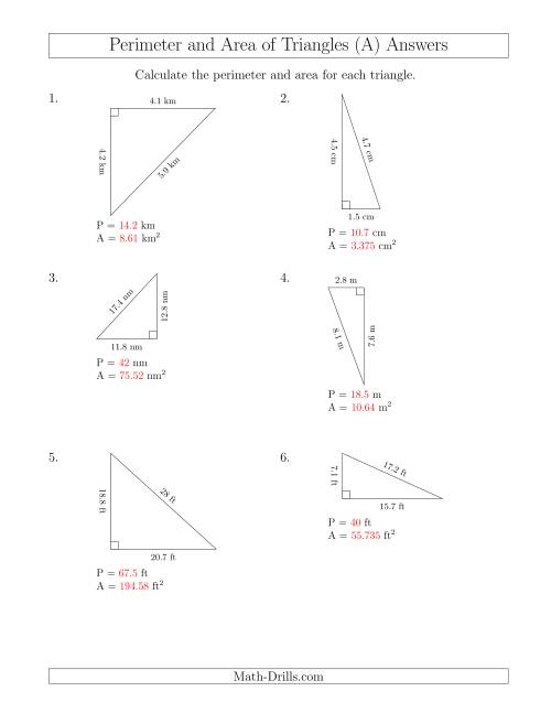 The Calculating the Perimeter and Area of Right Triangles (Rotated Triangles) (All) Math Worksheet Page 2