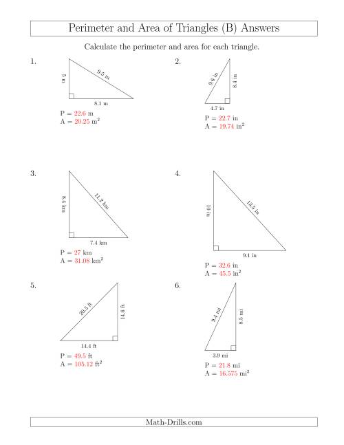 The Calculating the Perimeter and Area of Right Triangles (B) Math Worksheet Page 2