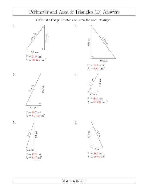 The Calculating the Perimeter and Area of Right Triangles (D) Math Worksheet Page 2