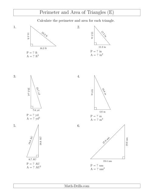 The Calculating the Perimeter and Area of Right Triangles (E) Math Worksheet