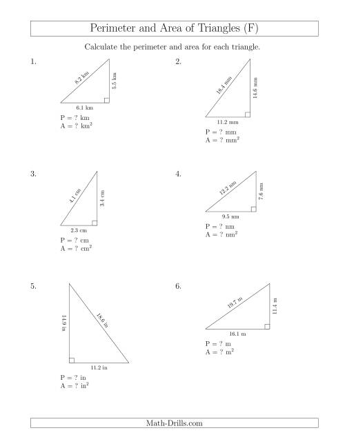 The Calculating the Perimeter and Area of Right Triangles (F) Math Worksheet