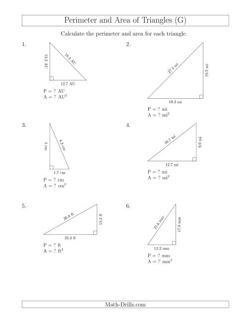 The Calculating the Perimeter and Area of Right Triangles (G) Math Worksheet