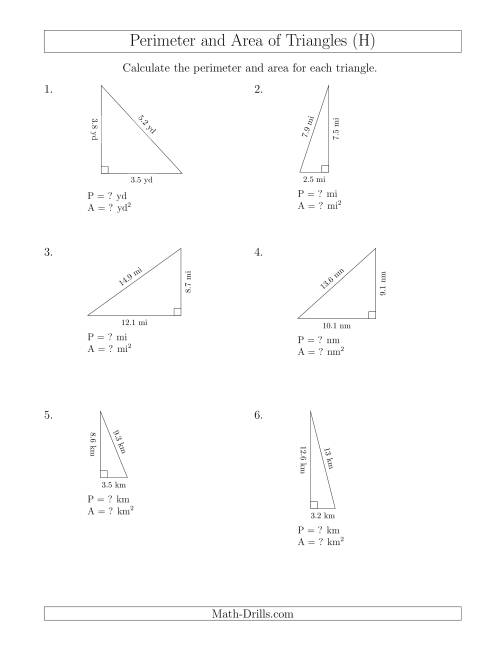 The Calculating the Perimeter and Area of Right Triangles (H) Math Worksheet