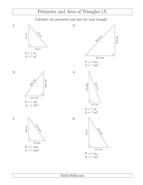 The Calculating the Perimeter and Area of Right Triangles (J) Math Worksheet