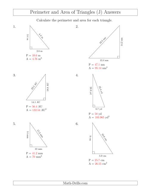 The Calculating the Perimeter and Area of Right Triangles (J) Math Worksheet Page 2