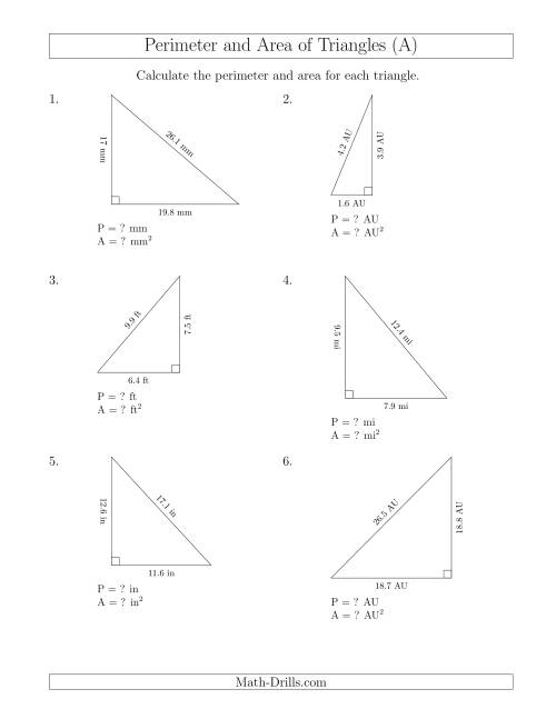The Calculating the Perimeter and Area of Right Triangles (All) Math Worksheet