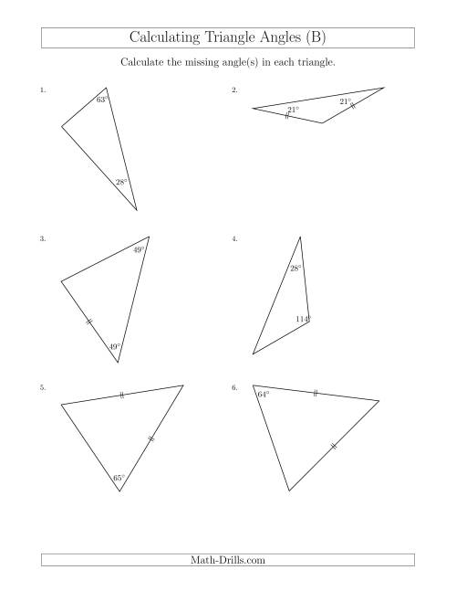 The Calculating Angles of a Triangle Given the Other Angle(s) (B) Math Worksheet