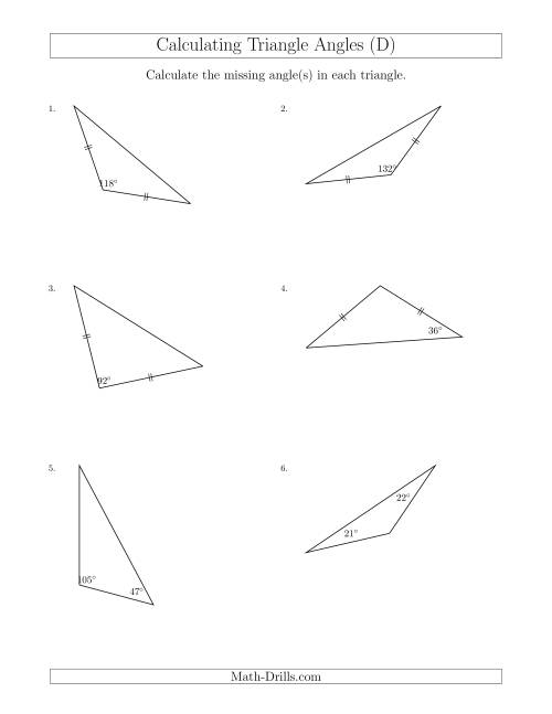The Calculating Angles of a Triangle Given the Other Angle(s) (D) Math Worksheet