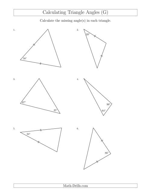The Calculating Angles of a Triangle Given the Other Angle(s) (G) Math Worksheet