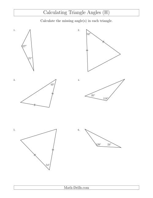 The Calculating Angles of a Triangle Given the Other Angle(s) (H) Math Worksheet