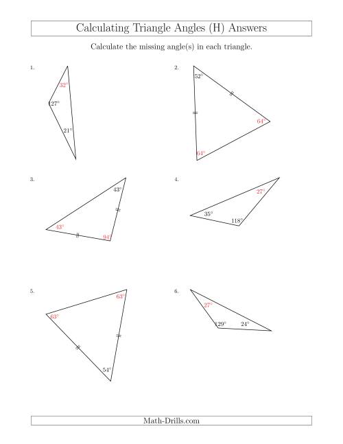 The Calculating Angles of a Triangle Given the Other Angle(s) (H) Math Worksheet Page 2